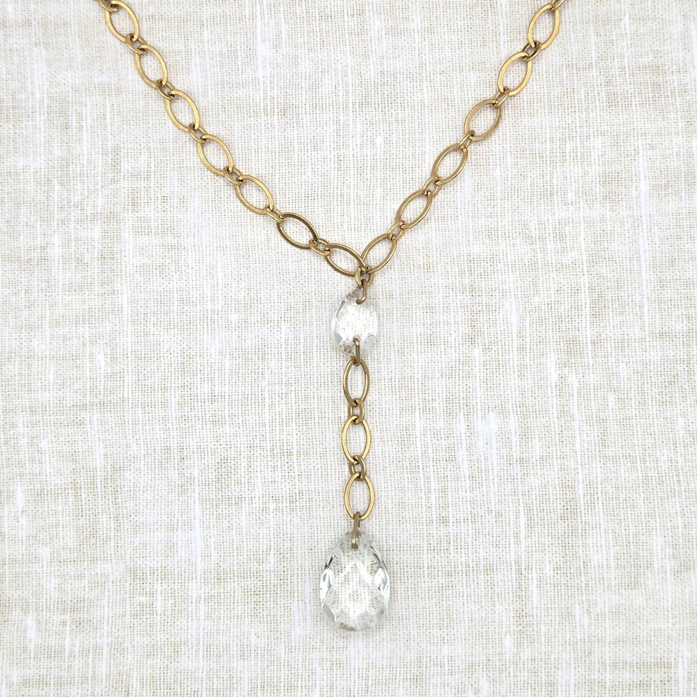 Avon Gold Tone Y-Drop Necklace Faceted Clear Glass Crystal Teardrop Pendant